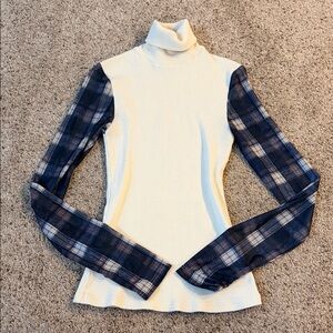 Gimmicks by BKE Cream Ribbed Sweater with Mesh Checkered Sleeves Size Large